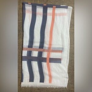 Look Scarf Beige W/Blue & Peach Stripes Plaid 100% Cotton Fringed 40” W 72” L